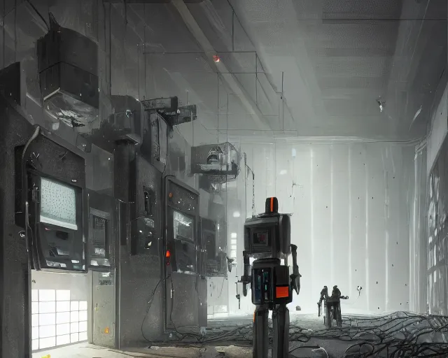 Image similar to gloomy colossal ruined server room in datacenter robot figure automata headless robot knight welder posing pacing fixing soldering mono sharp focus, emitting diodes, smoke, artillery, sparks, racks, system unit, motherboard, by pascal blanche rutkowski artstation hyperrealism painting concept art of detailed character design matte painting, 4 k resolution blade runner