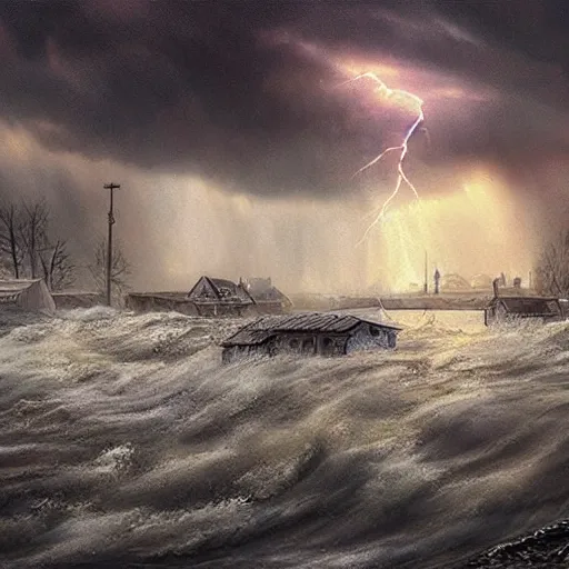 Image similar to dramatic landscape art of a german town being flooded during a thunderstorm, background art, concept art, dramatic lighting, trending on artstation