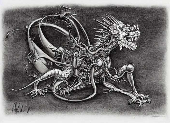 Prompt: pen and ink drawing, real dragon with steam punk apparatus strapped to it, white background, Olivia Kemp, julia Hill