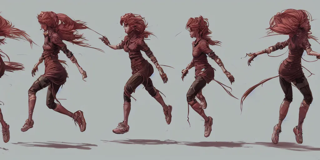 Prompt: cartoonish female character running, vivid colors, character sheet, fine details, concept design, contrast, kim jung gi, greg rutkowski, trending on artstation, 8 k, full body, turnaround, front view, back view, ultra wide angle