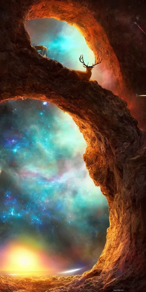 Image similar to an extreme long shot of a deer peering into a giant portal into the universe and galaxies in the shape of a keyhole to the nebulae and galaxies, beautiful matte painting by weta workshop 4 k, cinematic dramatic atmosphere, dramatic lighting, trending on artstation