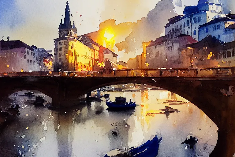 Prompt: small centered on watercolor paper, paint brush strokes, abstract watercolor painting of porto, tall bridge, cinematic light, national romanticism by hans dahl, by jesper ejsing, by anders zorn, by greg rutkowski, by greg manchess, by tyler edlin