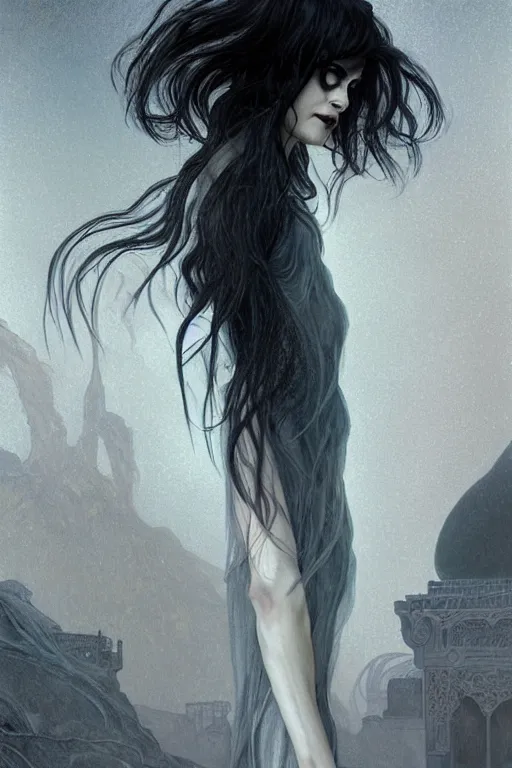Image similar to portrait of selma blair as death of the endless, the sandman, grey clothes, in persian temple wet night, sci - fi and fantasy, intricate and very very beautiful and elegant, highly detailed, digital painting, artstation, concept art, smooth and sharp focus, illustration, art by tian zi and wlop and alphonse mucha