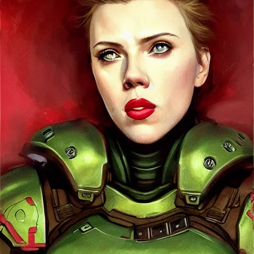 Prompt: doomguy played by scarlett johansson, face portrait, hd shot, digital portrait, elegant, beautiful, fantasy art, artstation, comic style, by artgerm, guy denning, jakub rozalski, magali villeneuve and charlie bowater