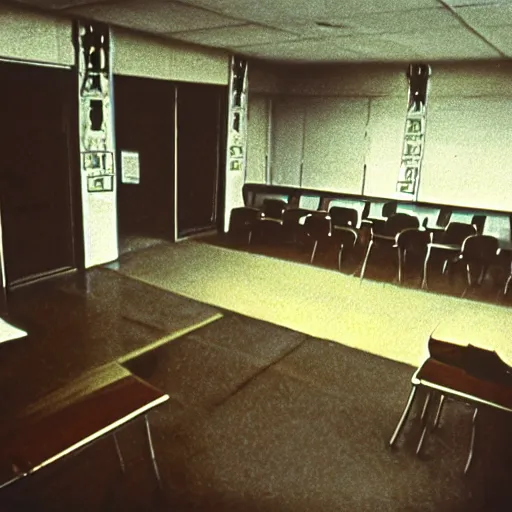 Prompt: 7 0 s film still from a horror movie about in an empty never - ending classroom, kodachrome, cinecolor, film grain, film texture, retro, cinematic, high resolution, photorealism,