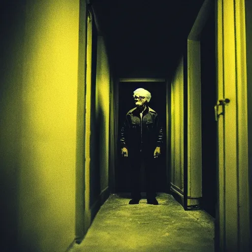 Prompt: danny devitio standing at the bottom of a dark corridor in the backrooms. staring at the camera. scary. horror. liminal space. yellow. desaturated.