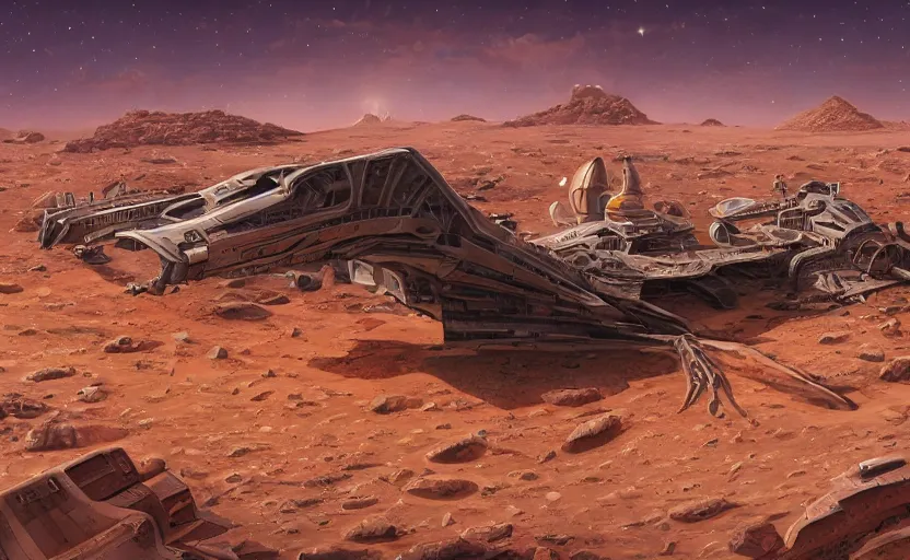 Image similar to very detailed, simon roy, illustration of a giant crashed space ship on a desert planet, wide shot