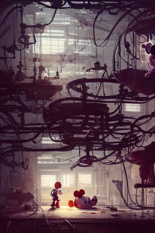 Image similar to mechanics fixing bloody mickey mouse head, mechanic facility, made by beeple, cgsociety, artgerm, greg rutkowski, highly detailed intricate 4 k art, low light cinematic, octane render, unreal engine,