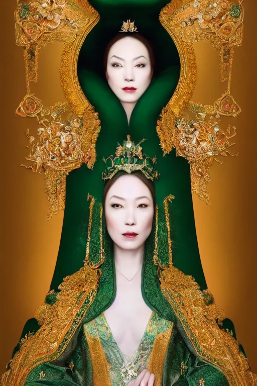 Prompt: a beautiful empress portrait, with a brilliant, impossible striking shiny big emerald headpiece, white and emerald robes, dramatic studio lighting, rococo, baroque, jewels, asian, hyperrealistic, closeup, D&D, fantasy, intricate, elegant, highly detailed, digital painting, artstation, octane render, 8k, concept art, matte, sharp focus, illustration, art by Artgerm and Greg Rutkowski and Alphonse Mucha