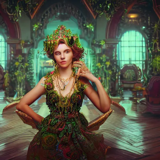 Image similar to photograph of wonderful princess with smooth fair skin, green jewelry, breathtaking, elegant, ornate, intricate, hyper detailed, accent lighting, dramatic light, 4 k octane render