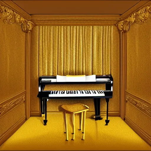 Prompt: piano room with golden vinyl hanging on walls, 8 k, digital art.