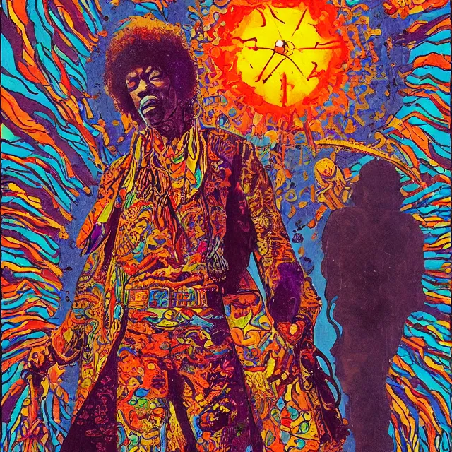 Prompt: jimi hendrix standing in a voodoo circle at the beginning of the world by jean giraud and moebius