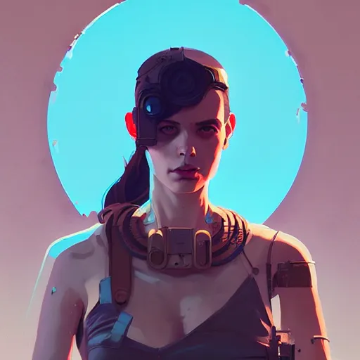 Image similar to portrait of cyberpunk greek goddess by atey ghailan, by greg rutkowski, by simon stalenhag, by greg tocchini, by james gilleard, by joe fenton, by kaethe butcher dynamic lighting, gradient light blue, brown, blonde cream and white color scheme, grunge aesthetic