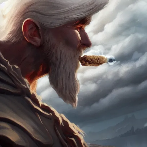 Prompt: a colossal norse god smoking the clouds, highly detailed, digital painting, artstation, octane render, concept art, matte, sharp focus, illustration