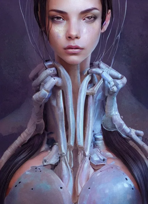 Image similar to a professional painting of a beautiful young female alien, clothed in ethereal armor, olive skin, long dark hair, beautiful bone structure, symmetrical facial features, intricate, elegant, digital painting, concept art, smooth, sharp focus, illustration, from Valerian and the City of a Thousand Planets, by Ruan Jia and Mandy Jurgens and Artgerm and William-Adolphe Bouguerea