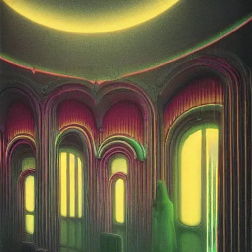 Prompt: 70s interior with arched windows, rainbow neon lighting, greenery, cyberpunk, hyper realistic, dramatic, fantasy, by Moebius, by zdzisław beksiński, Fantasy LUT, epic composition,