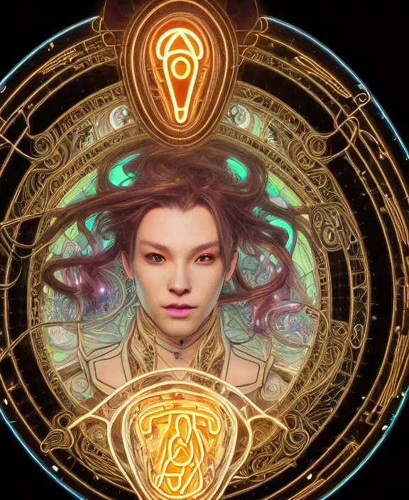 Image similar to intricate opulent transparent clear see - through portrait of handsome masculine snake, fractal, neon lights, circuitry, spaceport environment, ultra realistic, concept art, art nouveau, photorealistic, octane render, 8 k, unreal engine. art by nori inoguchi and sam kaplan and zachary goulko and christopher marley and artgerm and alphonse mucha