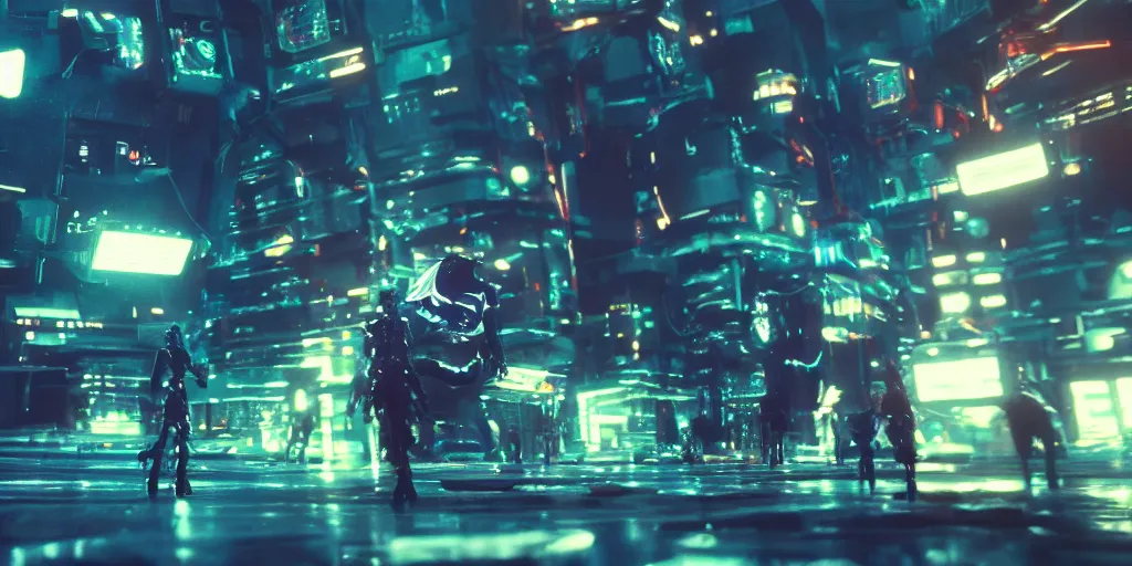 Prompt: Cyberpunk android chrome Robots dramatic movie scene with dynamic movement and motion blur and bokeh and forced perspective, shot on imax, cinematic scene, cinematographic composition, CineStill 800T Film