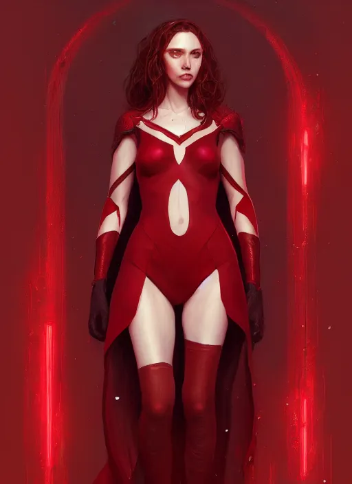 Prompt: Scarlet Witch, full body portrait, hyper detailed, digital art, trending in artstation, cinematic lighting, studio quality, smooth render, unreal engine 5 rendered, octane rendered, illustration, art style by klimt and krenz cushart