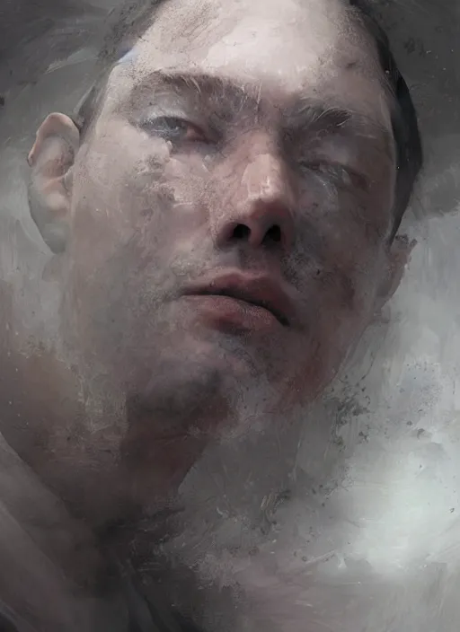 Prompt: a profile portrait of a man, face being ripped in two, particulates, motion blur, digital art, highly detailed, by alyssa monks and charlie bowater