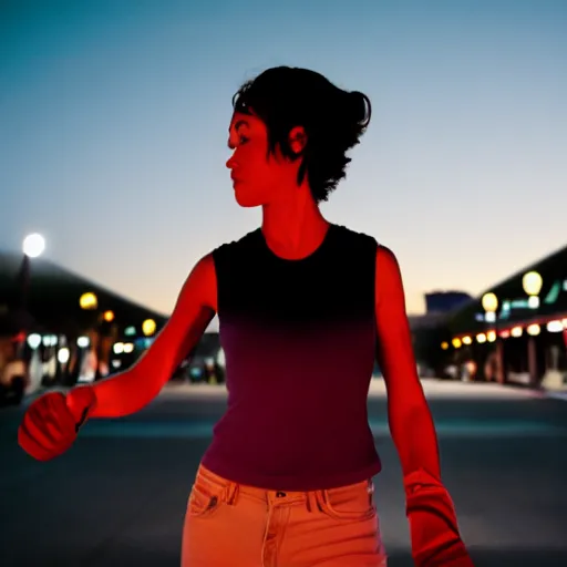 Image similar to a roller skater in a cinematic closeup. in santa monica at blue hour. canon eos c 3 0 0, ƒ 1. 8, 3 5 mm. 8 k. medium - format print. inspired by roger deakins cinematography