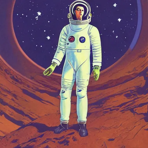 Prompt: a portrait of pilot stallone in spacesuit on field forrest spaceship station landing laying lake artillery outer worlds in FANTASTIC PLANET La planète sauvage animation by René Laloux