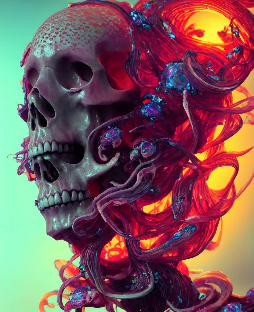 Image similar to goddess close - up portrait human skull, ram skull, squid phoenix jellyfish, orchid, betta fish, bioluminiscent, intricate artwork by tooth wu and wlop and beeple. octane render, trending on artstation, greg rutkowski very coherent symmetrical artwork. cinematic, hyper realism, high detail, octane render, 8 k