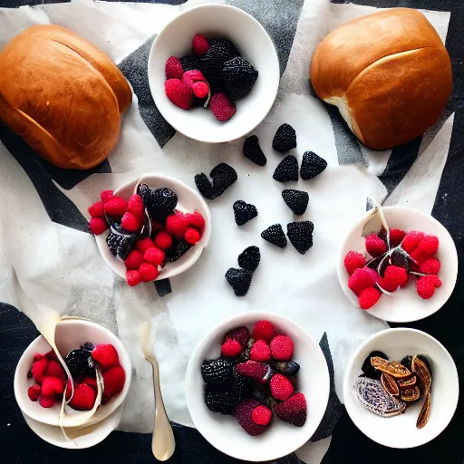 Prompt: “architectural flatlay of berries, crystals, bagels, weeds”