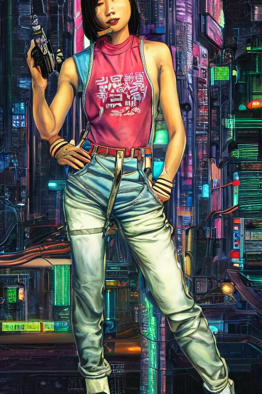 Prompt: a full body illustration of an asian female cyberpunk character wearing dungarees, highly detailed, oil on canvas, soft lighting, neon pastel colors, by Glenn Fabry, by Greg Staples, by Jean Giraud, HD, 4K