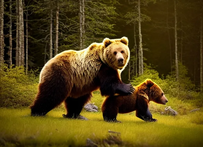 Image similar to portrait photo of chuck norris riding his fluffy grizzly bear, in the forest at dawn. fantasy magic style. highly detailed 8 k. intricate. lifelike. soft light. sony a 7 r iv 5 5 mm. award winning photography.