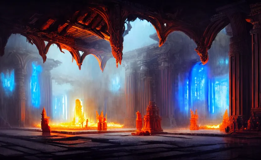 Image similar to The interior of an mytical and ancient temple dragons, in ruins, fire light, a ray of blue light, intricate, elegant, volumetric lighting, digital painting, highly detailed, artstation, sharp focus, illustration, concept art, ruan jia, steve mccurry