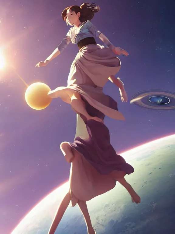 Prompt: one single godly, wise, powerful giant girl wearing a skirt in space holding a model of a Saturn in her left hand. Soft lighting, cosmic skies, stunning, 8K, no planets, octane render. By Makoto Shinkai, Stanley Artgerm Lau, WLOP, Rossdraws, James Jean, Andrei Riabovitchev, Marc Simonetti, krenz cushart, Sakimichan, D&D trending on ArtStation, digital art.