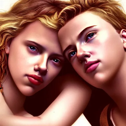 Image similar to intricate beautiful hyperreal portrait of a young scarlett johansson and young scarlett johansson, smiling softly, casual clothes, relaxing on the couch, home interior, golden hour, close up shot, 8 k, art by irakli nadar, hyperrealism, hyperdetailed, ultra realistic