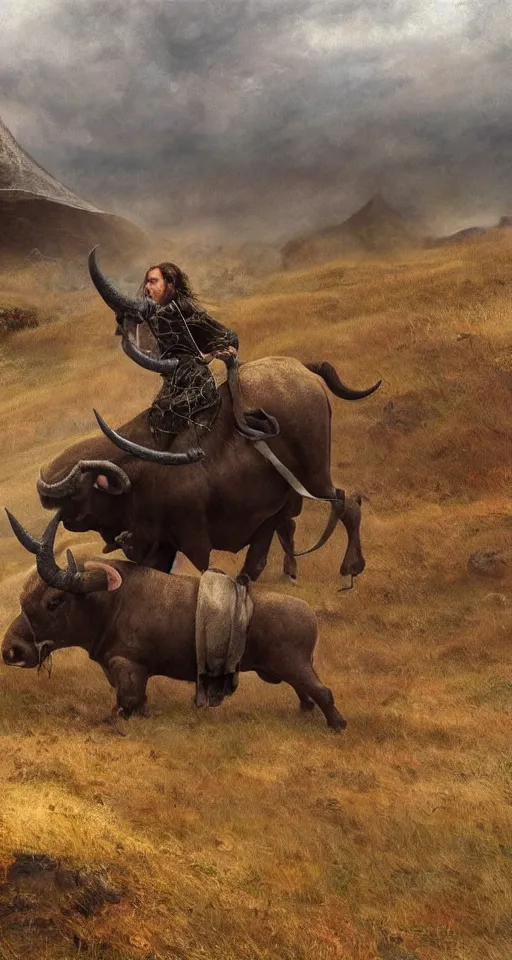 Image similar to a medium shot of a giant bull with horns decorated!!! with bells and ribbons, background is the spiral stairs heading to sky, in the steppe, autumn field, misty background, from the game pathologic 2, highly detailed, sharp focus, matte painting, by rosa bonheur, by isaac levitan and asher brown durand,