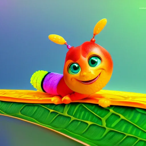 Prompt: cute colorful caterpillar on leaf, detailed pixar render character concept