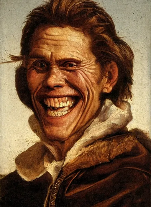 Image similar to portrait painting of willem dafoe with stubble smiling warmly, renaissance oil painting, studious chiaroscuro