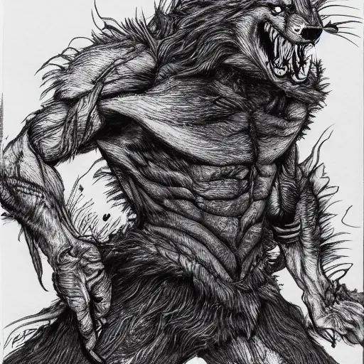 Image similar to Jordan Peterson werewolf talking at a podium, pen and ink, intricate line drawings, by Yoshitaka Amano, Ruan Jia, Kentaro Miura, Artgerm, watercolor