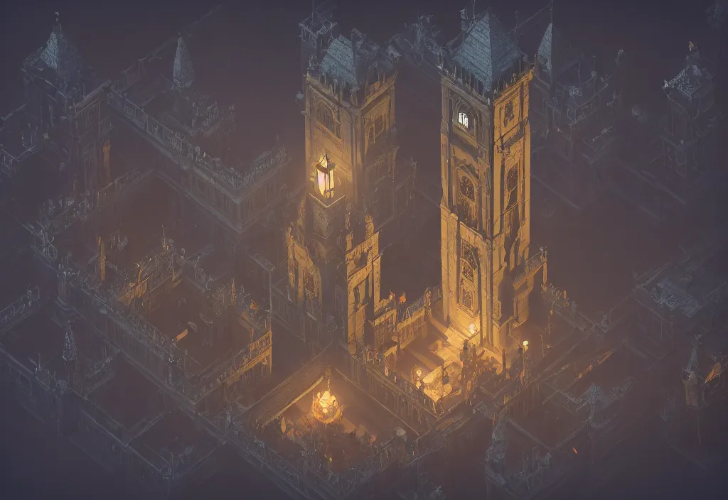 Image similar to isometric magicavoxel Bloodborne layered tower cinematic lighting, 4k