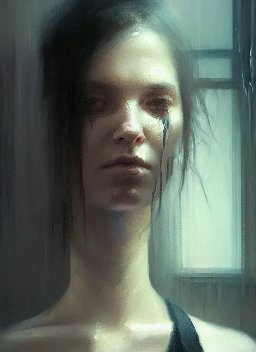 Image similar to a portrait of a sad woman inside a modern apartment, intricate oil painting, hyperdetailed, ethereal, cinematic, dramatic lighting, by jeremy mann and ruan jia and ilya kuvshinov