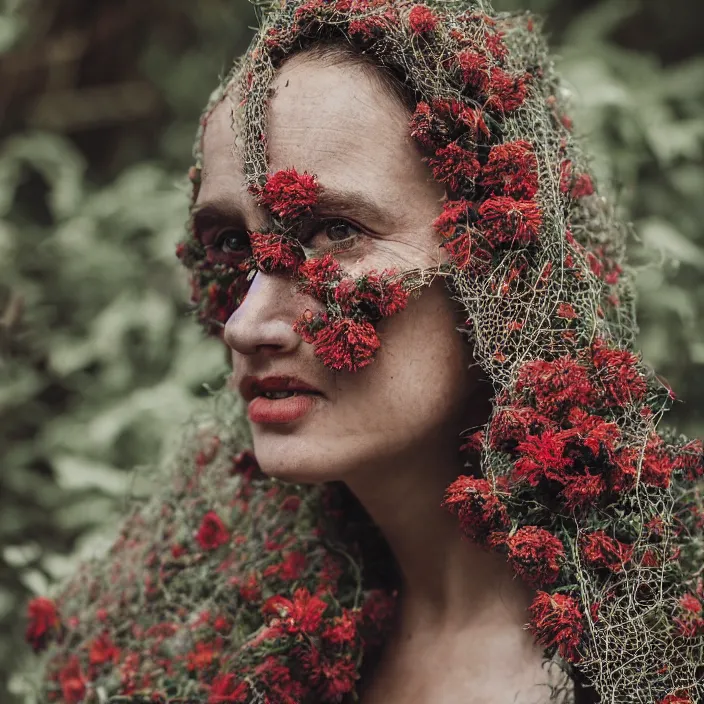 Prompt: a closeup portrait of a woman wearing a hooded cloak made of zinnias and barbed wire, in a derelict house, by Helen Warner, natural light, detailed face, CANON Eos C300, ƒ1.8, 35mm, 8K, medium-format print