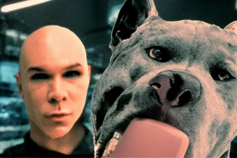 Image similar to cyborg - pitbull taking a selfie, in hell, in 1 9 8 5, y 2 k cybercore, industrial low - light photography, still from a kiyoshi kurosawa movie