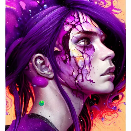 Image similar to detailed art portrait of a furious teen girl with thin, hair-like purple tentacles on her head and bright purple eyes, 8k,by tristan eaton, Stanley Artgermm,Tom Bagshaw,Greg Rutkowski,Carne Griffiths,trending on DeviantArt, face enhance,hyper detailed ,full of colour, dramatic light