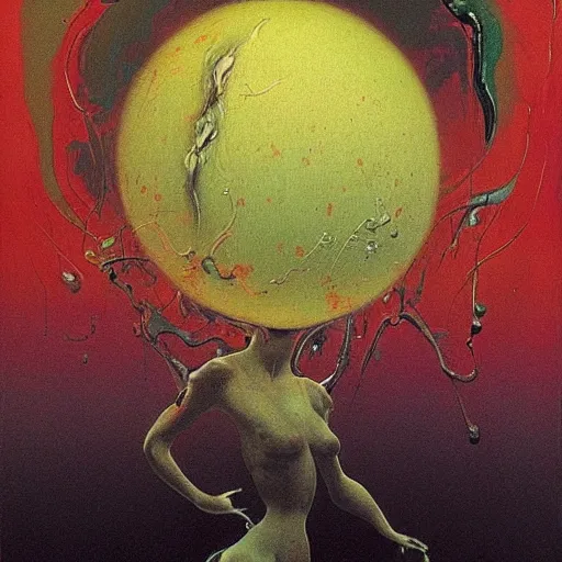 Image similar to a sphere being devoured by abstract splatters of paint in the style of francis bacon, venus being engulfed in flames in the style of james jean, surreal, beksinski, high detailed