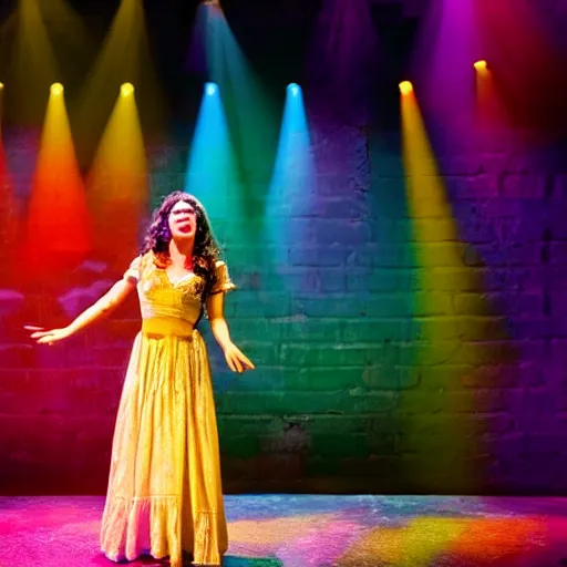 Image similar to beautiful actress singing on a stage of a broadway musical, colorful dress, rural setting, professional photography, theatrical lighting, volumetric lighting