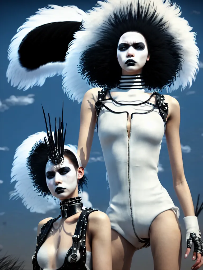 Image similar to one fierce looking beautiful young woman with afro hair and symmetrical white makeup, mad max, black leather straps, wearing intricate bodysuit and headdress made from white bones and black feathers, painted by makoto shinkai, studio ghibli, intricate linework, unreal engine 5 highly rendered, global illumination, radiant light, detailed and intricate environment
