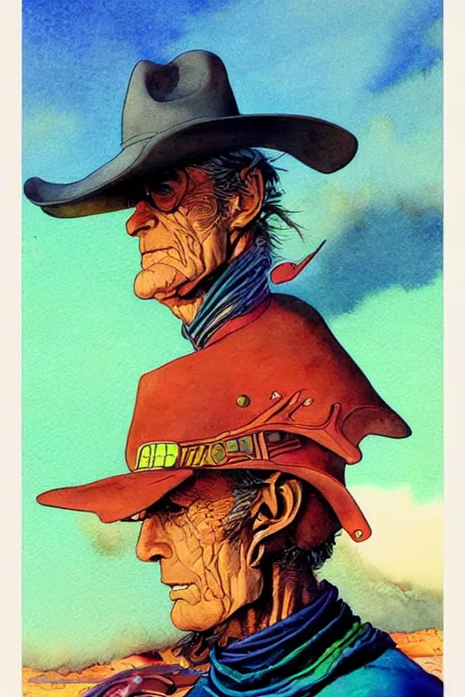 Prompt: portrait of fantasy emu rider with hat, scifi, art by jean giraud, moebius, juan gimenez, in watercolor gouache detailed paintings, in style of syd mead, colorful comics style, artstation