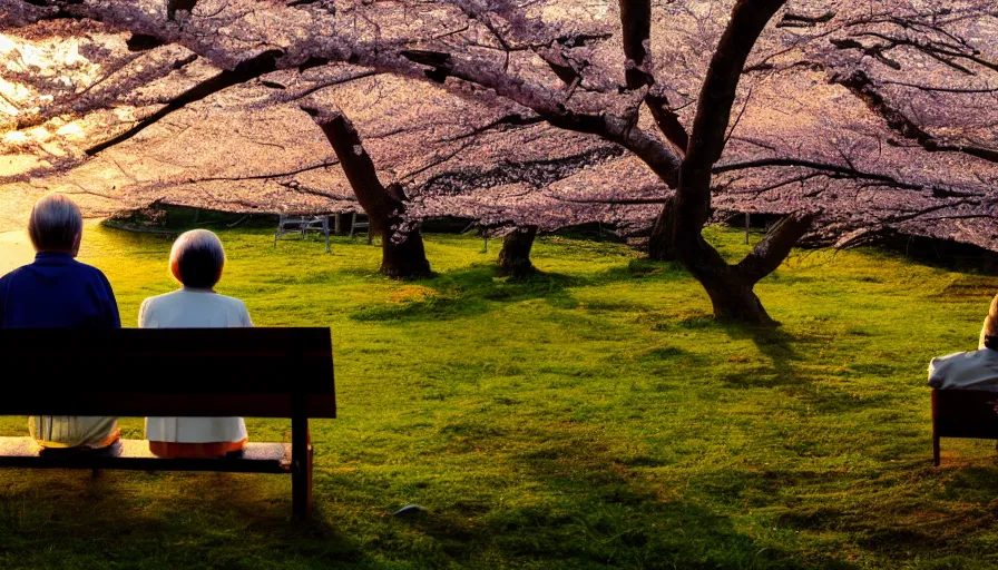 Prompt: back view of an old japanese couple watching sunset while sitting on the bench, cherry blossoms, lake, forest, village, hayao miyazaki, hyperdetailed, artstation, cgsociety, 8 k