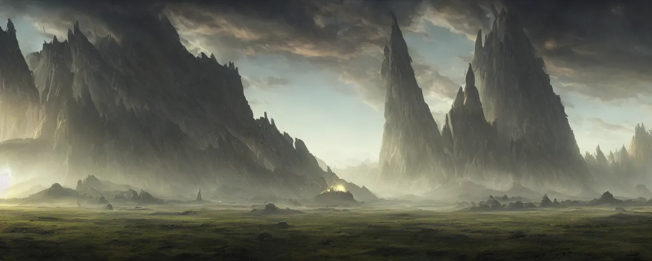 Image similar to mysterious fantasy kingdom of lost elves on another planet, [ cinematic, detailed, epic, widescreen, opening, establishing, mattepainting, photorealistic, 4 k, octane render, art by greg rutkowski ]