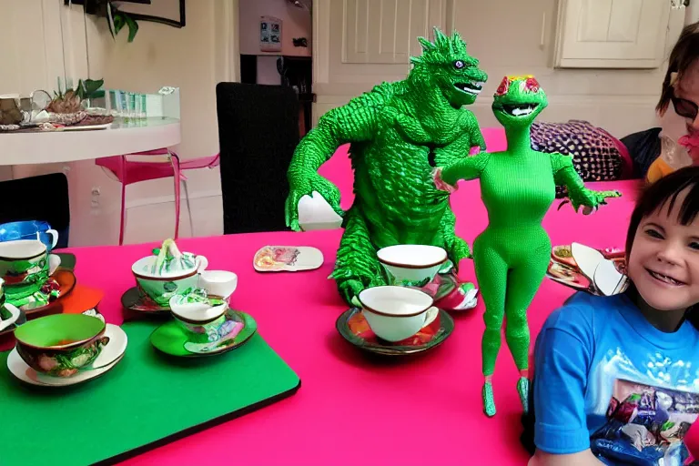 Image similar to Godzilla tea party with Barbie, plastic barbie doll, green rubber suit godzilla