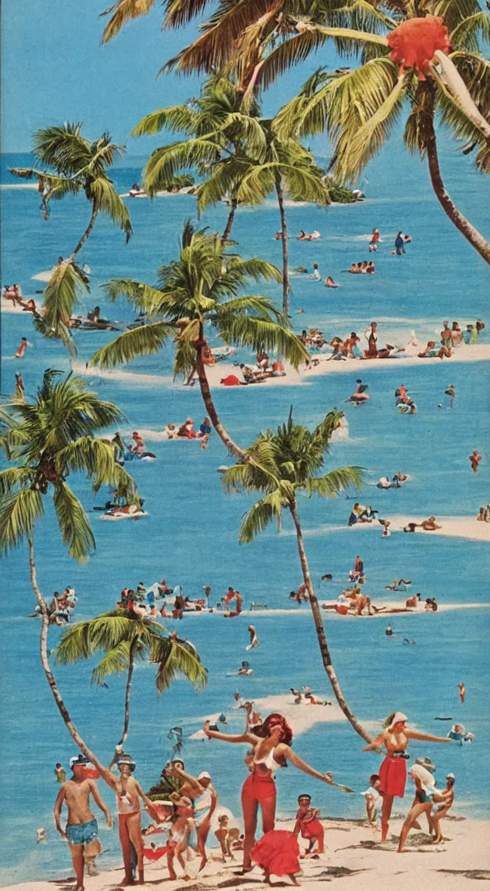 Prompt: a 1950s vacation pamphlet about a Caribbean beach,